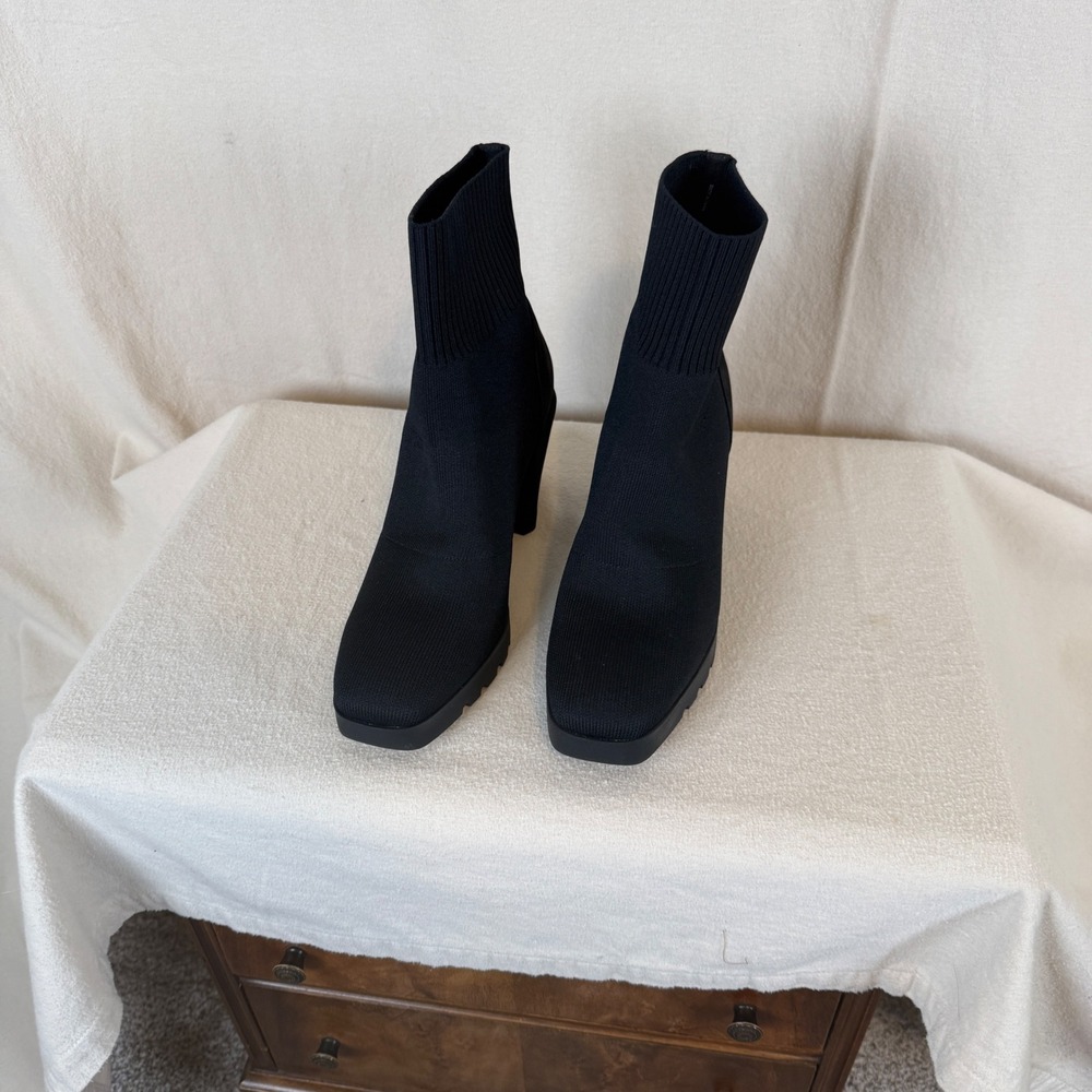 Eileen Fisher Spell-ST Black Stretch Knit Sock Bootie Lug Sole Block Heel 10M